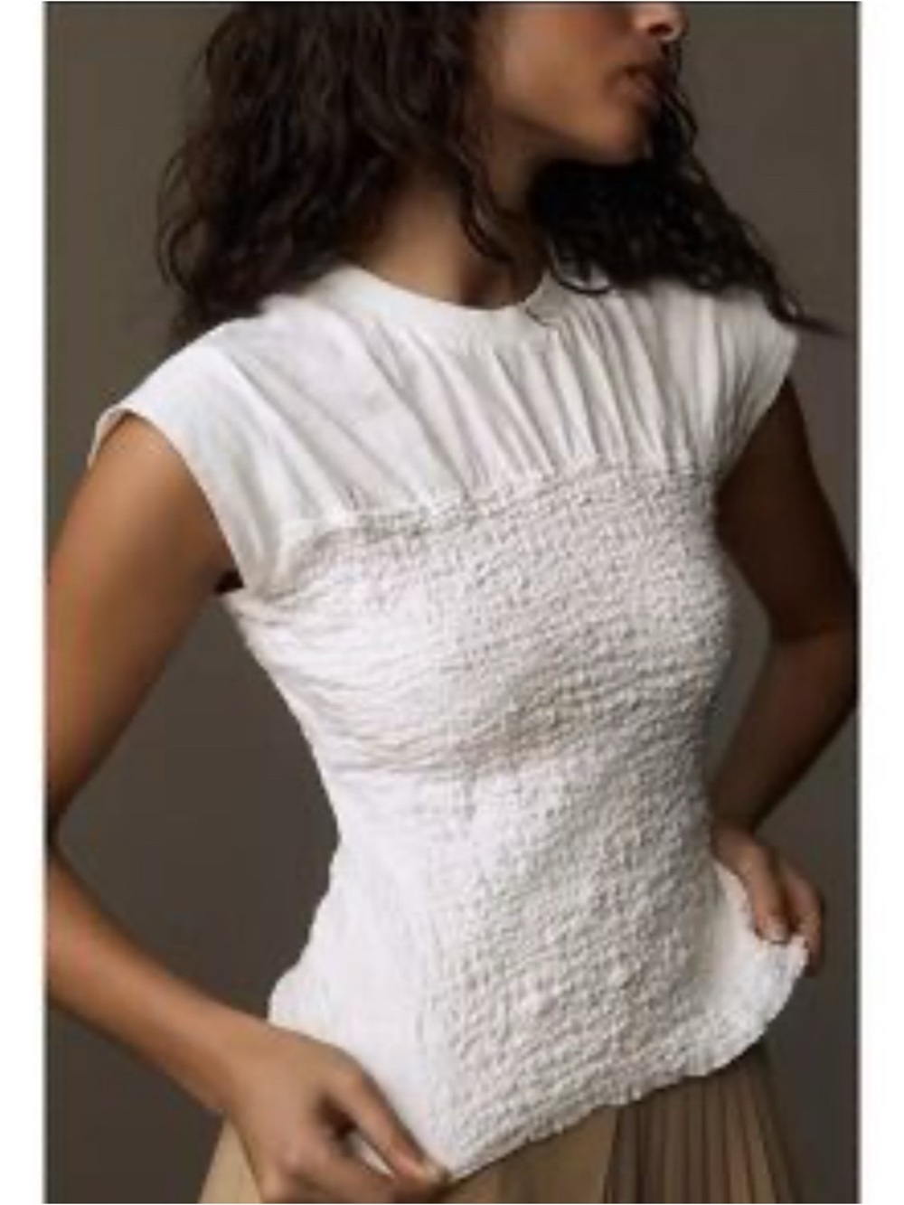 Anthropologie Maeve White Smocked Cap Sleeve Top